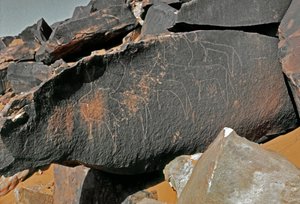 Őstörténet, sziklaművészet: szarvasmarha-ábrázolás sírkőzete. Tazina stílus. Kőkorszak Kr.e. 5000-2000. Taghit, Haut plateau du Hoggar (Ahaggar), Algéria alkotó: Prehistoric Prehistoric