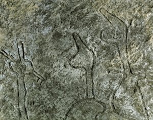 Őstörténet, sziklaművészet: egy vadászjelenet ábrázolásának sziklarajza (graffiti a kövön). neolitikum, kőkorszak. (Azerbajdzsán) Bronzkor. Baku, Azerbajdzsán Állami Vallástörténeti Múzeum alkotó: Prehistoric Prehistoric