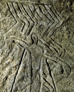 Őstörténet, sziklaművészet: emberi alakot ábrázoló sziklarajz (graffiti kövön). neolitikum, kőkorszak. (Azerbajdzsán) Bronzkor. Baku, Azerbajdzsán Állami Vallástörténeti Múzeum alkotó: Prehistoric Prehistoric