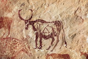 Sziklafestés: szarvasfélék ábrázolása. Tadrart Acacus barlangja, Líbia alkotó: Prehistoric Prehistoric
