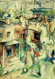 Falu, 1929 körül (akvarell és ceruza a táblára fektetett papíron)