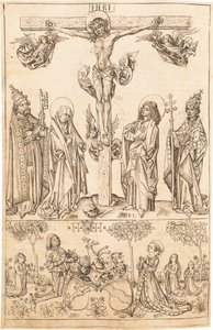 A keresztre feszítés a Szűzanyával és a szentekkel, valamint a Hungerstein családdal alkotó: Primary Master of the Strassburg Chronicle