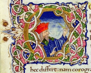 Ms Lat 463 fol.21r Történelmi kezdetű „C” Ptolemaiosz (90-168 körül) portréjával a világtérképről