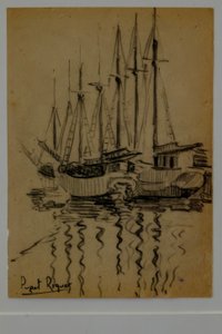vitorlások, Narcís Puget Riquer, szénrajz, Puget múzeum, Can LLaudis nemesi ház, Dalt Vila, Ibiza, Baleár-szigetek, Spanyolország
