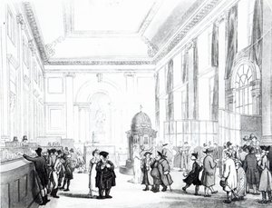 Bank of England, Great Hall, Ackermann „London mikrokozmosza” című művéből, 1809 (akvatinta) alkotó: Pugin and Rowlandson