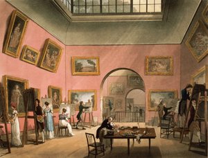 Diákok, akik festeni tanulnak és képmásolatot készítenek a brit intézményben, a Pall Mallban, Ackermann „London mikrokozmosza” című művéből, 1808-ban (rézkarc wc-vel)