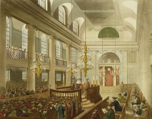 Zsinagóga, Dukes Place, Houndsditch, Ackermann "London mikrokozmosza" című művéből, Sunderland metszete, 1809 (aquatinta)