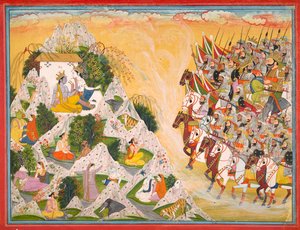 Jarasandha hadserege előrenyomul Krsna és Balarama felé, egy Mahábháratából származó fólió, 1800-1815 körül alkotó: Purkhu of Kangra