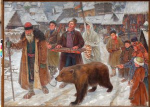 ""A szkomorok éneke"" (A szkomorok dala) Vándorelőadók, medveszelídítők Oroszországban Pjotr ​​Ivanovics Subbotin (Permjak) festménye (1886-1923) alkotó: Pyotr Ivanovich Subbotin