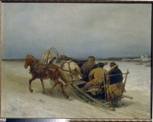 Trojka télen. (Hagyományos orosz vonóhorog, három ló húzza). Pjotr ​​(Pjotr) Petrovics Szokolov (1821-1899) festménye, olaj, vászon