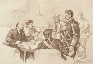 Lenin és Sztálin a Vörös Gárdistákhoz beszél a Szmolnijban, 1917, 1939. alkotó: Pyotr Vasilyev