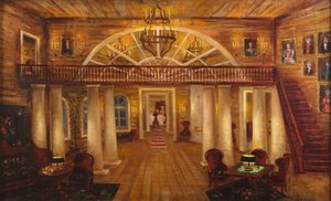 Larin háza. Színpadterv P. Csajkovszkij Jevgenyij Onegin című operájához, 1944.