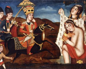 Khusraw felfedezi Shirin fürdőzést, c. 1840