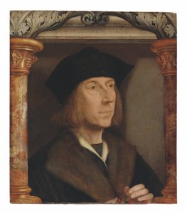 Úri portré, mellig érő, szőrmével bélelt kabátban, rózsafüzért mondva, építészeti környezetben (olaj, panel) alkotó: Quentin Massys or Metsys