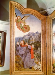 A Szent rokonság vagy a Szent Anna oltárképe, a bal oldali panel részlete, amely az Angyali üdvözletet ábrázolja Joachimnak, 1509 alkotó: Quentin Massys or Metsys