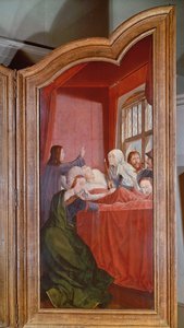 A Szent rokonság vagy a Szent Anna oltárképe, a jobb oldali tábla részlete, amely Szent Anna halálát ábrázolja, 1509 alkotó: Quentin Massys or Metsys