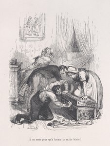 Már csak az áldott csomagtartót kell bezárni! Az emberi élet kis nyomorúságaiból, 1843. alkotó: Quichon