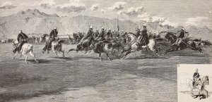 Lovassági gyakorlatok szeptember 17-én, lándzsával a jobb oldalon, Pordenone, Olaszország, Cantagalli metszete Quinto Cenni rajzából, L