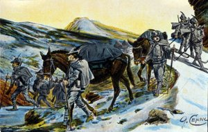 Első világháború: olasz alpesi vadászok csoportja elismerésben öszvéreikkel 1915-ben. Illusztráció: Quinto Cenni (1845-1917) alkotó: Quinto Cenni