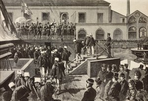 Olasz katonák felszálló hajóra Washington, Nápoly, Olaszország, harmadik olasz expedíció a Vörös-tengeren, metszet Quinto Cenni rajzából és M. Del Don vázlata, L