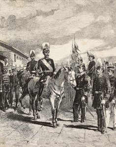 Japán hadsereg: gyalogos katonák, vezérkari főnökök, vezérőrnagy, lovasság, admirális, gyalogsági kapitány, lövész, Japán, metszet Quinto Cenni rajzából, L