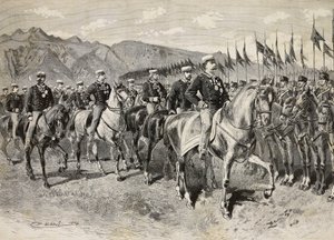 I. Umberto király a firenzei lándzsákat vizsgálja meg Martin di Montu tábornokkal a háta mögött, szeptember 28-án, lovassági gyakorlatok az olaszországi Pordenone-ban, metszet Quinto Cenni rajzából, a L