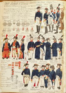 Az etruriai királyság katonai egyenruhái 1801-ből. Cenni Quinto színtáblája alkotó: Quinto Cenni
