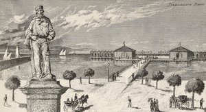 Emlékmű Giuseppe Garibaldi (1807-1882) olasz politikus és hazafi emlékére, a háttérben fürdőtelep, Cesenatico, Olaszország alkotó: Quinto Cenni