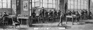 Treves testvérek irodái, gravírozó osztály, Milánó, Olaszország, Quinto Cenni (1845-1917) illusztrációja a L