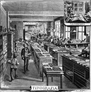 Treves testvérek irodái, tipográfia és fedőréteg, Milánó, Olaszország, Quinto Cenni (1845-1917) illusztrációja a L