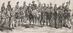Piemonti hadsereg 1859-ben: gyalogosok, tüzérek, mérnökök, gránátosok, tisztek, tábornokok, lándzsások, lovasok, puskások, metszet Quinto Cenni rajzából, L
