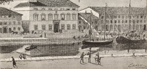 A városháza és a kikötői csatorna, Cesenatico, Olaszország, metszet Quinto Cenni rajzából és Ulisse Topi vázlatából, L