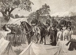 I. Umberto (1844-1900), olasz király néhány tiszttel katonai táborokat látogató, szeptember 11. alkotó: Quinto Cenni