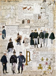 Az Olasz Királyság egyenruhái 1896-1897 között, tábla a Cenni Codexből, katonai vázlatok gyűjteménye akvarellrel alkotó: Quinto Cenni