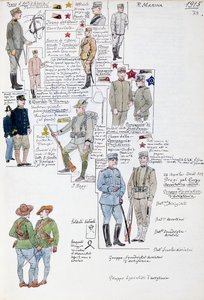 Az Olasz Királyság egyenruhái 1915-ben, tábla a Cenni Codexből, katonai vázlatok gyűjteménye akvarellrel alkotó: Quinto Cenni