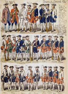 A Piemonti Királyság csapatainak egyenruhája 1744-ben, a Cenni-kódexből vett lemez, Quinto Cenni (1845-1917) katonai vázlatainak gyűjteménye