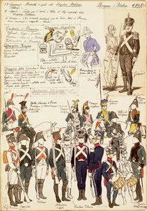 Az Olasz Királyság különböző egyenruhái 1805-ből. Cenni Quinto színtáblája alkotó: Quinto Cenni