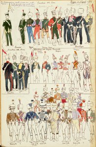 A Nápolyi Királyság különböző egyenruhái 1814-ből. Cenni Quinto színtáblája alkotó: Quinto Cenni