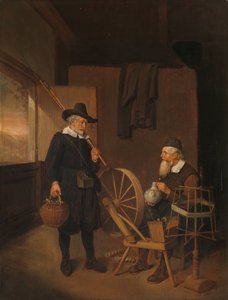 Belső halász és ember mellett egy orsó és orsó