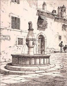 Vicolo di S. Rocco szökőkútja, Viterbo, Olaszország, a „Példák Franciaország és Olaszország városi, kereskedelmi és utcai építészetére a 12. és 15. század között”, publ. írta W.Mackenzie