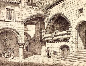 A Piazza San Pellegrino, Viterbo, Olaszország része, a „Példák a városi, kereskedelmi és utcai építészetre Franciaországban és Olaszországban a 12. századtól a 15. századig, publ. írta W.Mackenzie