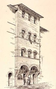 Egy téglaház látképe, Montepulciano, Olaszország, a "Példák Franciaország és Itália városi, kereskedelmi és utcai építészetére a 12. századtól a 15. századig" című kötetből, W.Mackenzie kiadása.