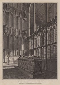 Wykeham William, az Oxfordi New College alapítója, a Winchester -székesegyház (gravírozás) sírja és chantryje. alkotó: R. (after) Essex