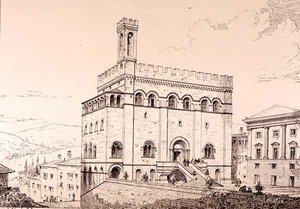 Palazzo del Comune, Gubbio, Olaszország, a "Példák a városi, kereskedelmi és utcai építészetre Franciaországban és Olaszországban a 12. századtól a 15. századig" publikáció. írta W.Mackenzie alkotó: R. Anderson