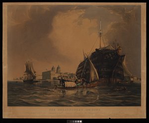 A Dreadnought 104 ágyúval, minden nemzetek tengerészeinek kórházhajója, a Temzén Greenwich előtt horgonyozva, 1831. június 20. alkotó: R. W. Price