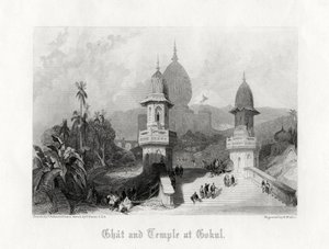 Ghat és templom Gokulban, Indiában, 1838.