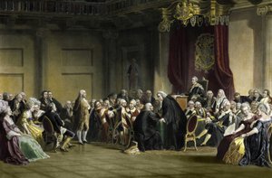 Benjamin Franklin (1706-1790), amerikai filozófus, fizikus és államférfi a Lords of the Privy Council, Whitehall Chapel, London előtt. alkotó: R. Whitechurch