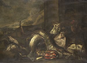 Csendélet halakkal alkotó: R. van Burgh