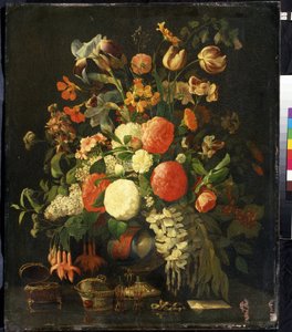 ""Csokor virág"" (Virágok) Az asztalon ékszerdobozok. Rachel Ruysch (1664-1750) festménye 18. századi Mihail Krosickij Művészeti Múzeum, Szevasztopol (Szevasztopol) Ukrajna alkotó: Rachel Ruysh