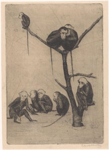 Majmok ülnek egy fán és annak közelében alkotó: Rachel van Dantzig (signed by artist)